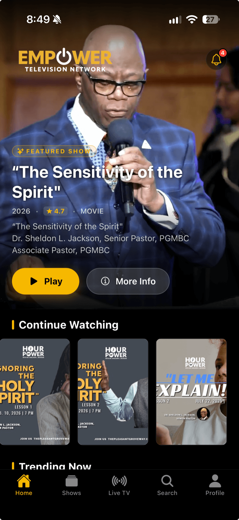 Empower TV home screen with a featured show and a Continue Watching row.