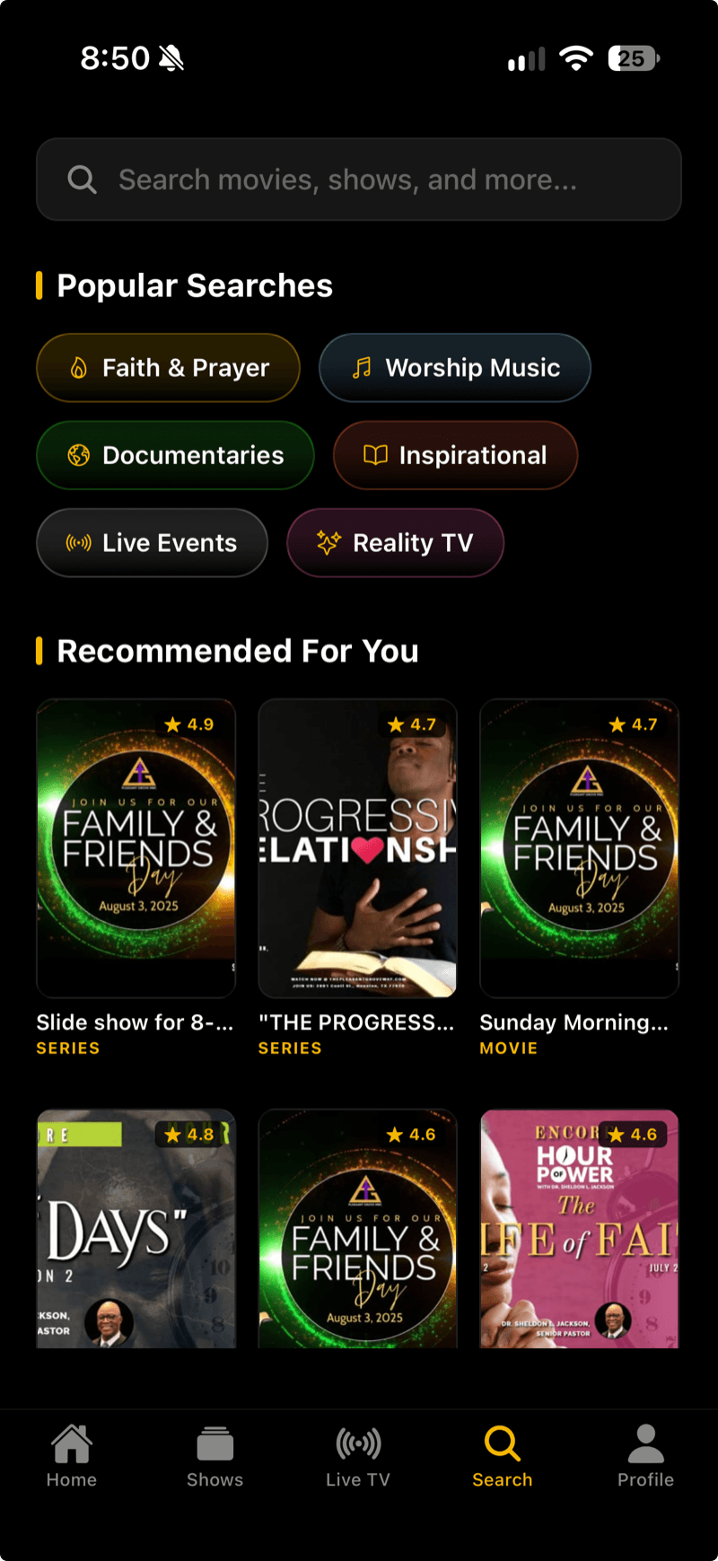 Empower TV search screen showing categories including Faith & Prayer, Worship Music and Documentaries.