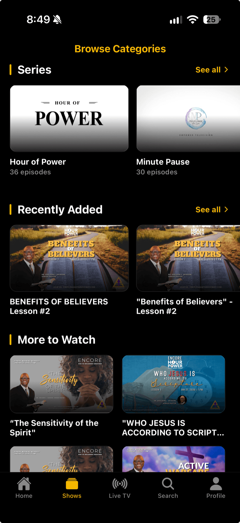 Empower TV Shows tab listing series including Hour of Power and Minute Pause.